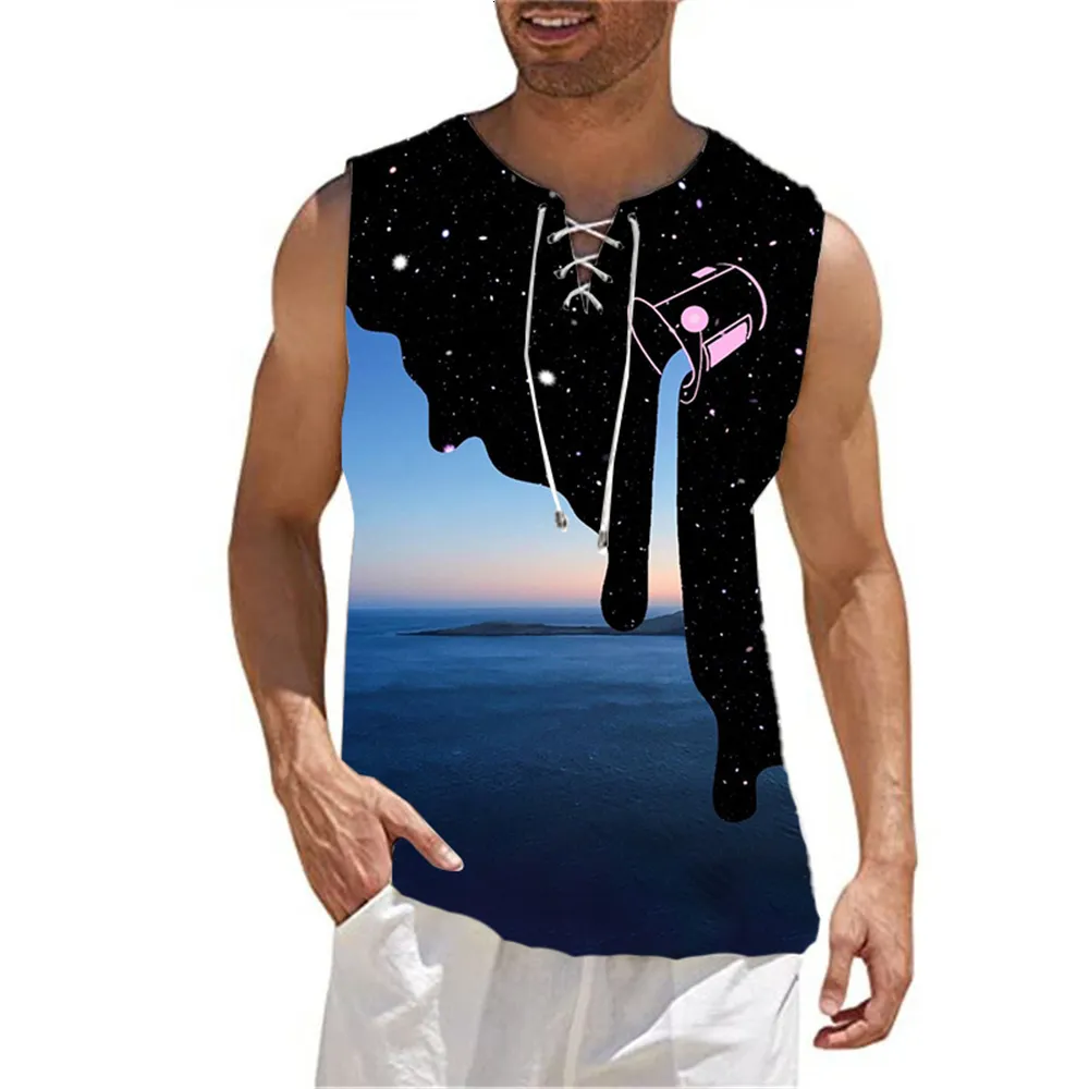 Canotte da uomo Hawaiian Beach Scenery Solid Simple Wind Senza maniche Canotta con lacci Cool Summer Men's 3D Print HD Casual Top 230419