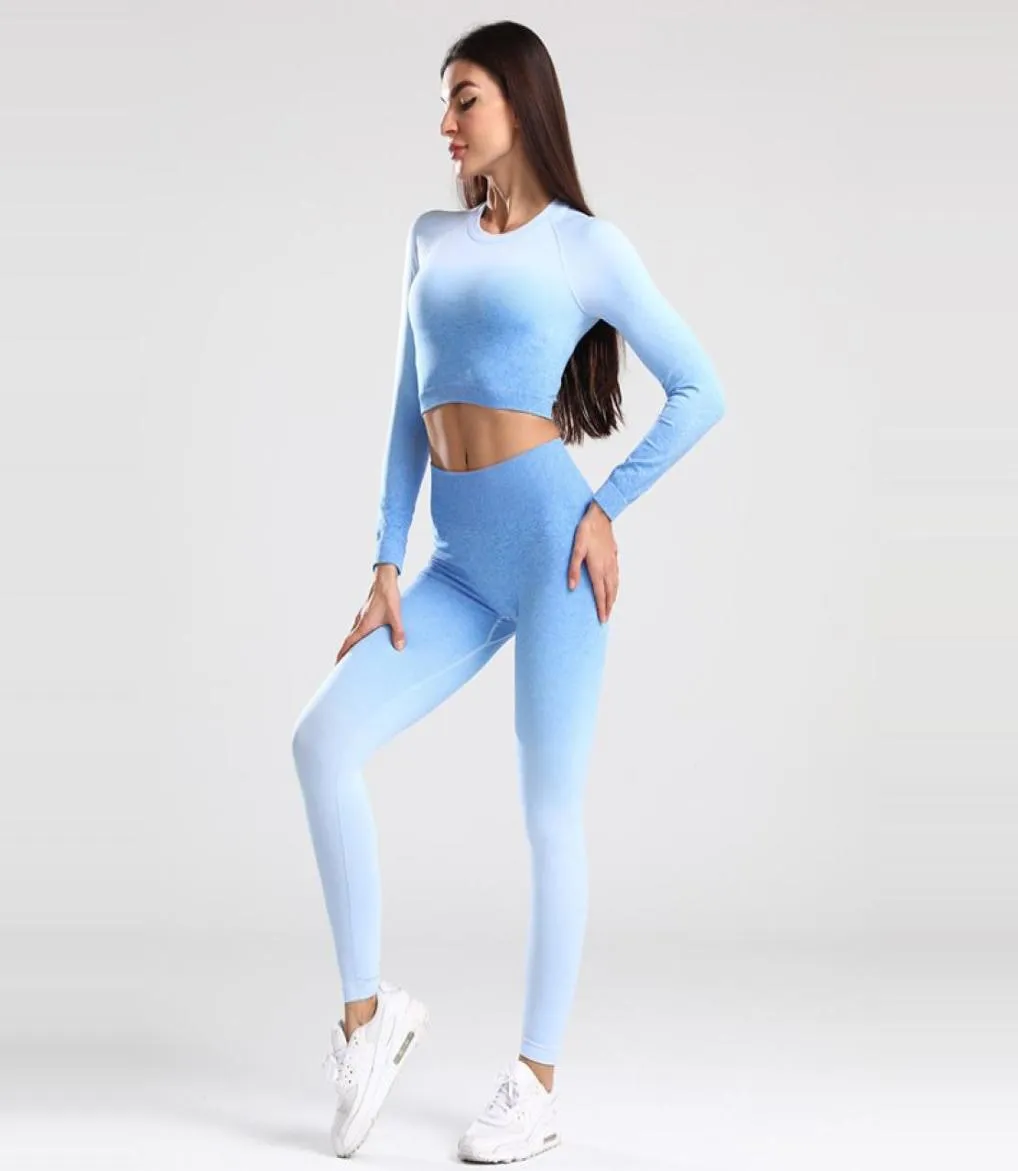 Ombre Seamless Yoga Outfit Sets Set For Women Long Sleeve Crop Top