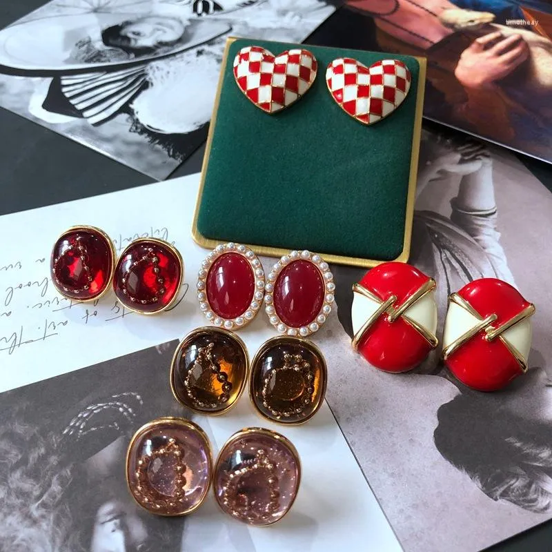 Collana Orecchini Set Placcatura in oro reale Vento bizantino Argento Smalto colorato rosso Perline Love Stud Earpins Perle barocche