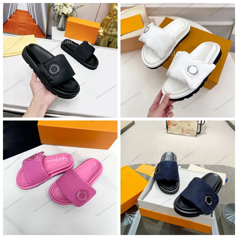 Almohadilla de piscina de diseñador Zapatillas cómodas Correas de nailon para mujer Plataforma de mujer de diseñador Sundown Suela de goma plana Natación deslizante