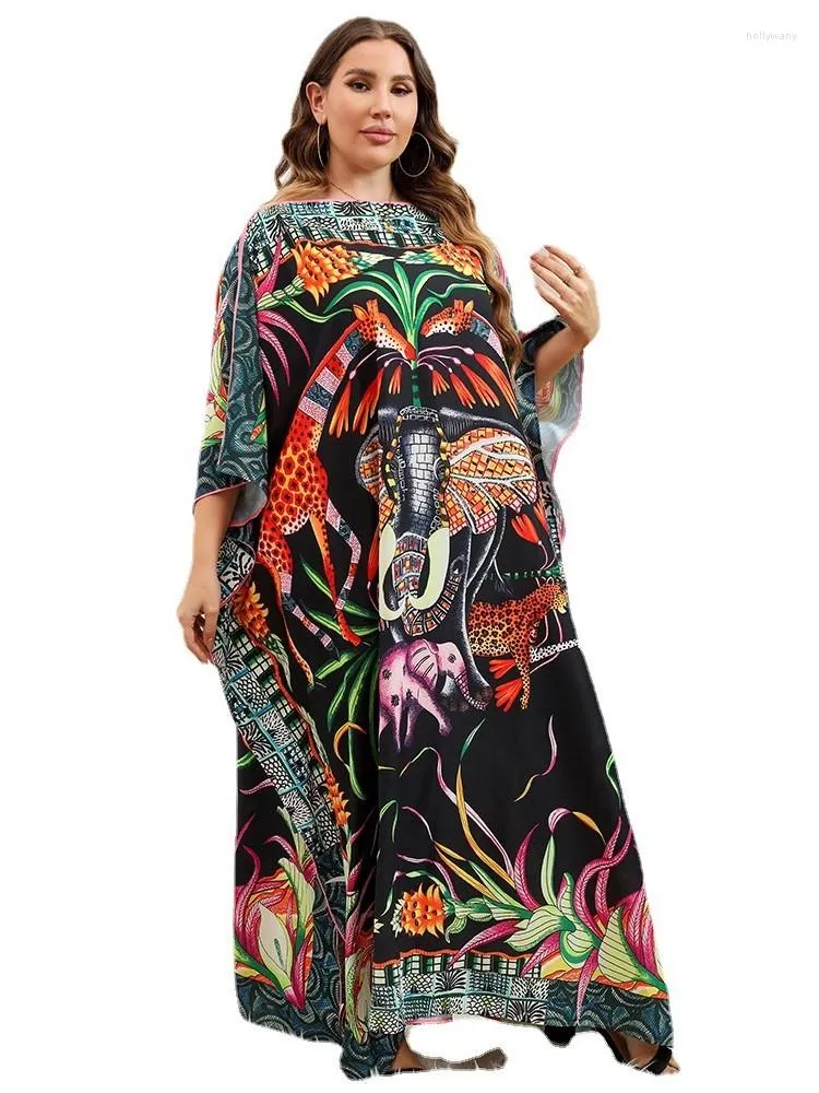 Plus Size Fashion Print Long Dress with Slash Neck and Batwing Sleeves - Elegant Casual Beach Style Maxi for Women