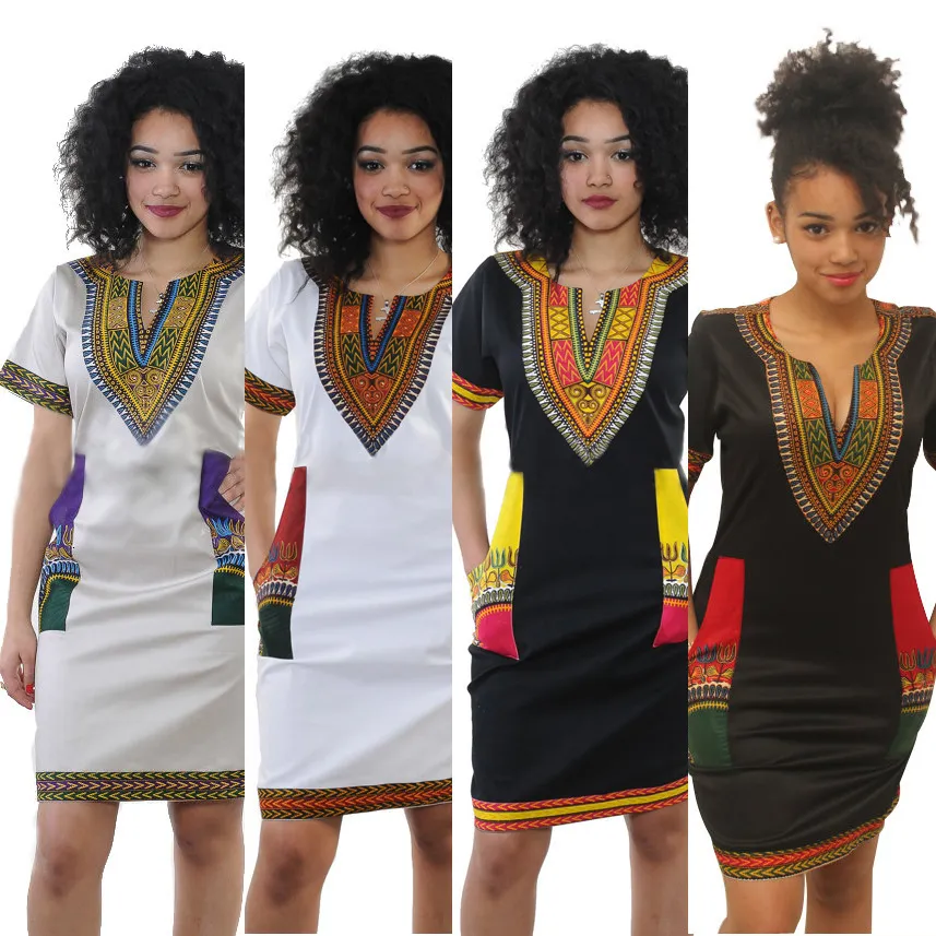 Etniska kläder Afrikanska klänningar för kvinnor Summer Fashion Style African Women Short Sleeve Vneck Polyester Kneelength Dress 230419