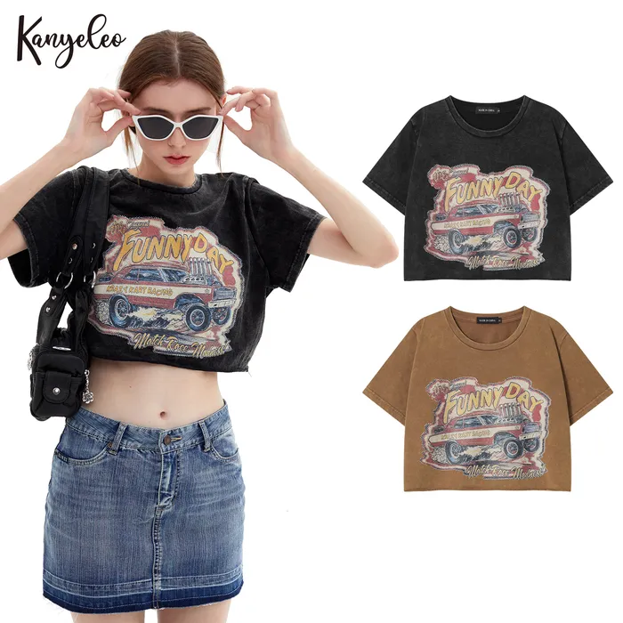 Womens TShirt KANYELEO Retro Do Old Print ShortSleeved Women Round Neck Positive Shoulder Loose Thin High Waist Umbilical Tops Summer 230419