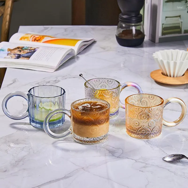 Wine Glasses 250ML Creative Ring Handle Coffee Cup Embossed Pattern Texture Glass Milk Juice Tea Mug Water Container Kitchen Drinking