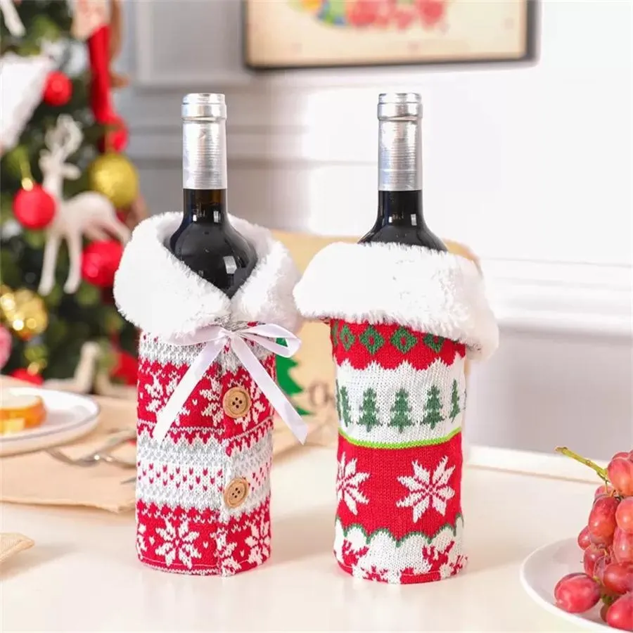 Home Decoration Christmas Knit Wine Bottle Covers Snowflake Tree Wines Bottles Cover With Bowknot Beer Cover New Year Xmas