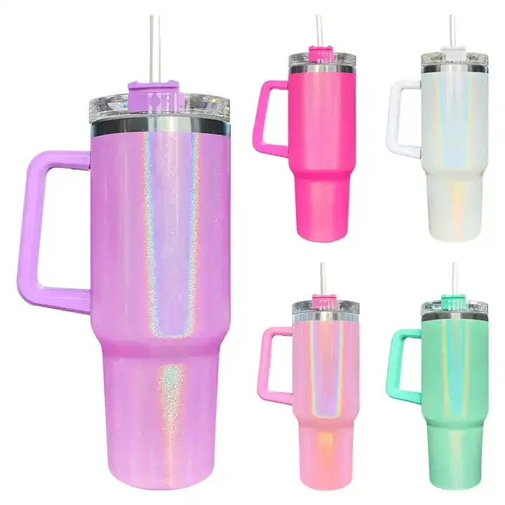 New Rainbow 40oz Stainless Steel Glitter Tumbler with Handle Lid Straw Big Capacity Shimmer Glossy Water Bottle Outdoor Cup Vacuum Insulated Travel Mugs bb0413