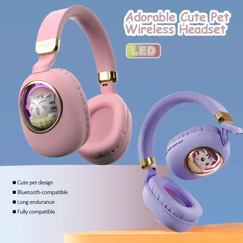 Cell Phone Earphones Cute Pet Headset Glowing Wireless Bluetooth Compatible Headphones with Mic LED for Kids Children Girls Gifts 231117