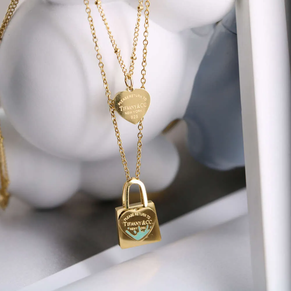 Pendant Necklaces Necklace Titanium Steel t Classic Blue Oil Drop Lock Love Double Layer for Women Gold Sweet Collar Chain 8JUM