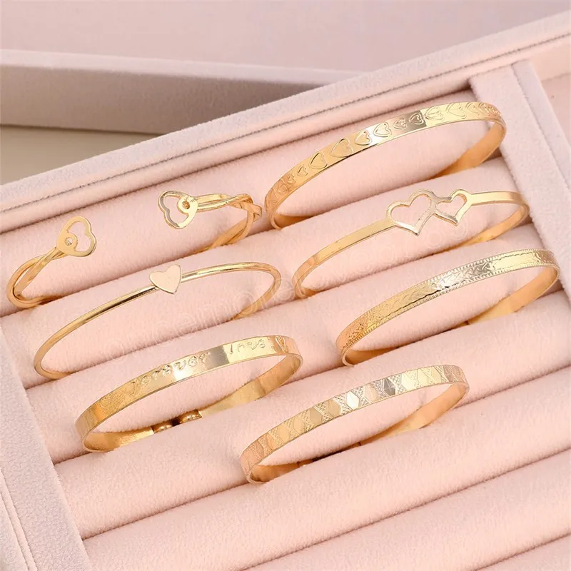 Trendy Geometric Heart Bracelet Set For Women Rhinestones Gold Color Love Heart Open Cuff Bangle Girls Jewelry
