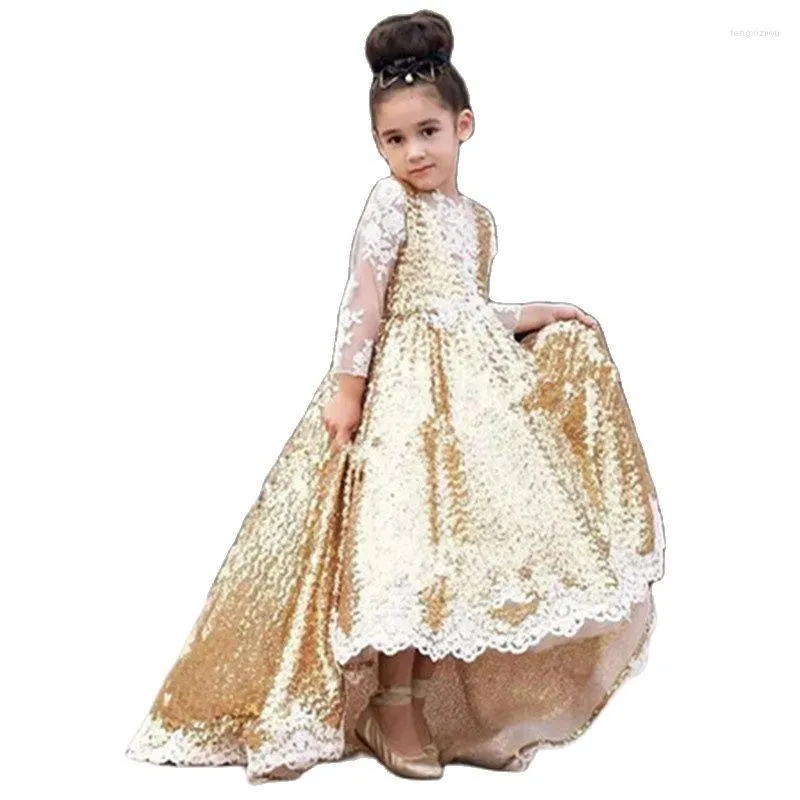 Sukienki dla dziewczynek złoty kwiat retro na ślubne niestandardowe przybycie konkursowe bez rękawów i aplikacje satynowe