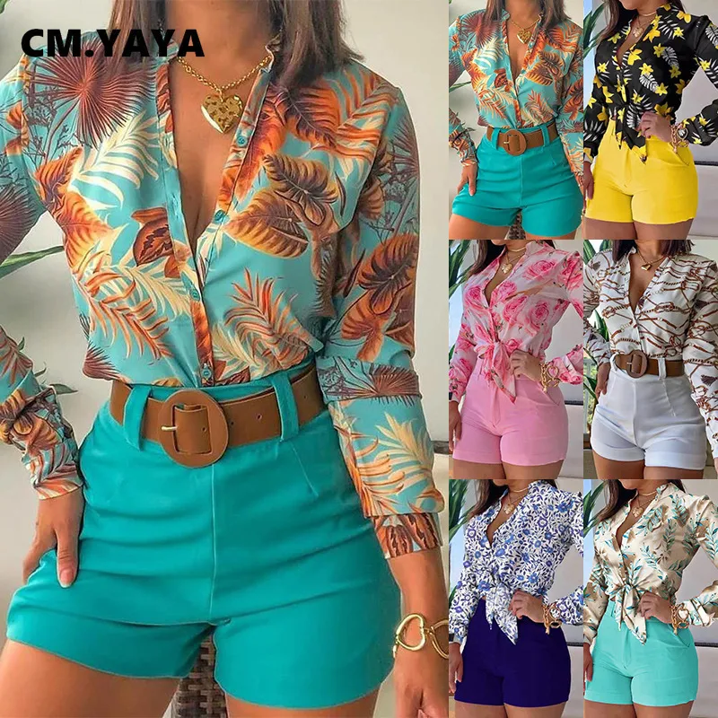 Tweedelige damesbroek CM.YAYA Baju Olahraga Wanita Liburan Pantai Kaus Lengan Panjang Daun Bunga dan Celana Pendek Cocok Dua Set 2 Potong Pakaian Luar 230418