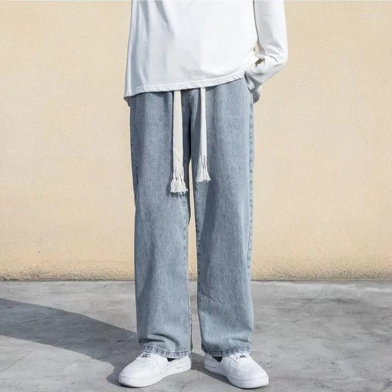 Men's Jeans Men's Fashion Brand Streetwear Baggy Loose Straight Elastic Waist Wide Leg Ins Washed Denim Pants