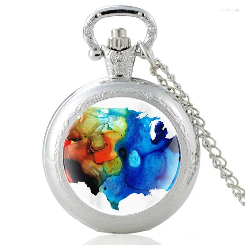 Montres De Poche Unique Encre Peinte États-Unis Carte Conception Vintage Montre À Quartz Hommes Femmes Verre Dôme Pendentif Collier Heures Horloge Cadeaux