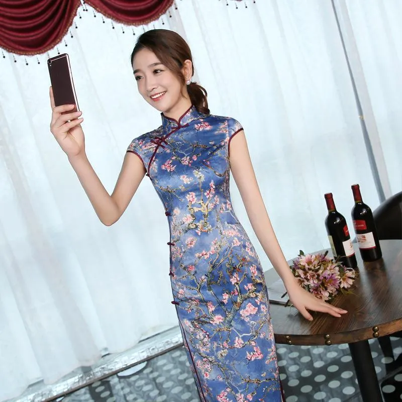 Etniska kläder Kvinnor Summer Long Cheongsam Satin Printing Flower Qipao Retro Short Sleeve Chinese Oriental Dresses Store 18
