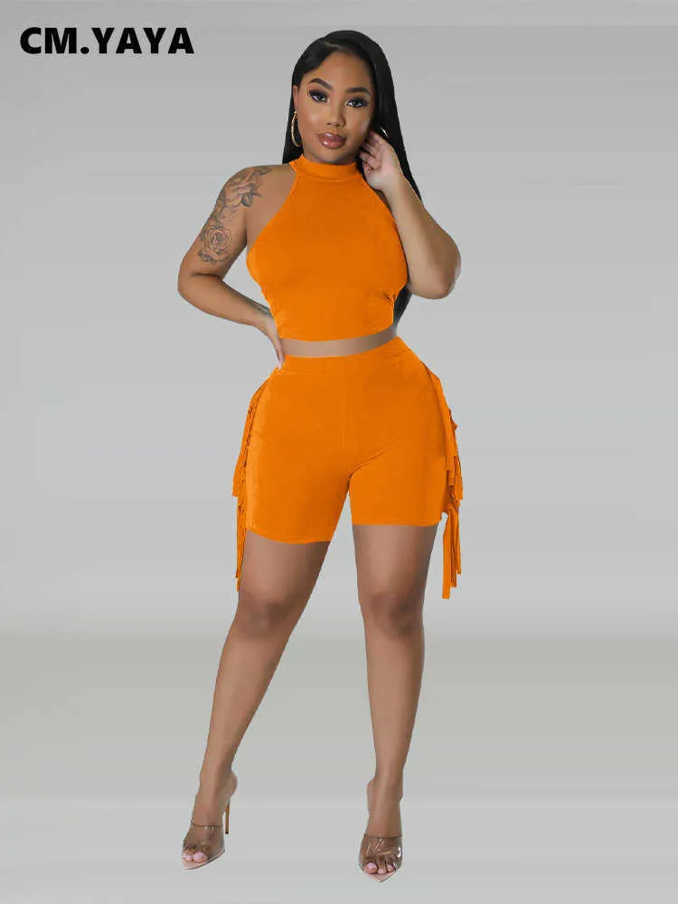 Tracksuits voor dames cm.yaya Streetwear damesset mouwloze tanktop en kwastje shorts suit 2023 sweatsuit twee 2 -delige set outfit tracksuit p230419