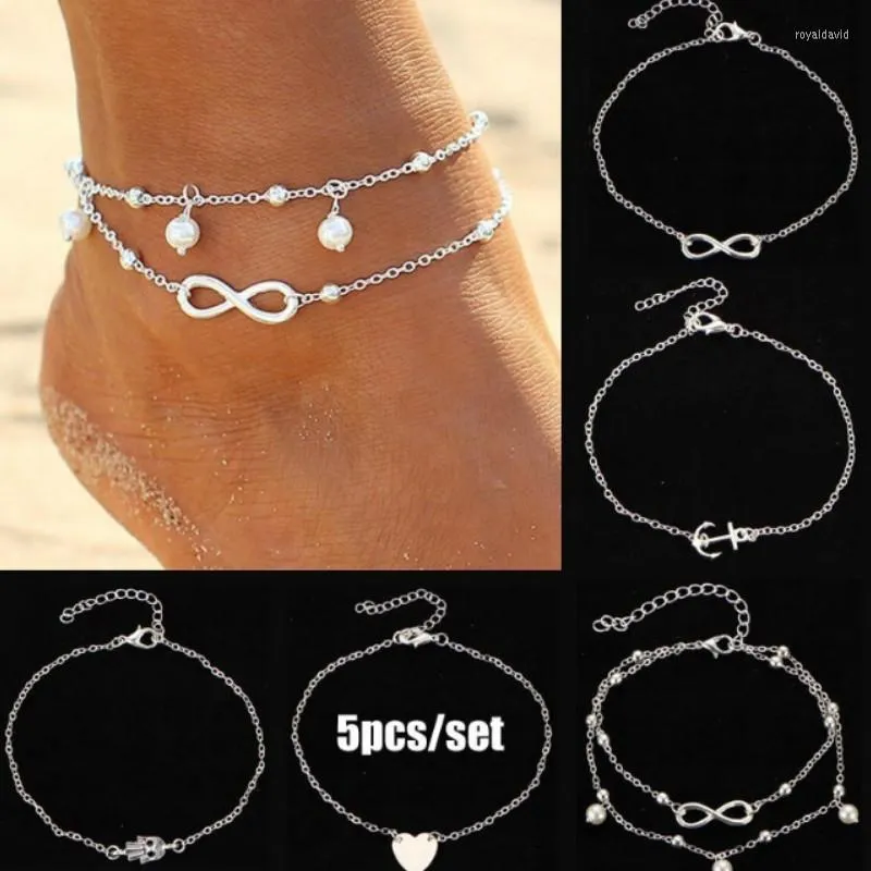 anklets simplevintage 5pcsセットハートアンカーヘッド人工真珠合金フットジュエリーレッグアンクルブレスレット女性ギフト