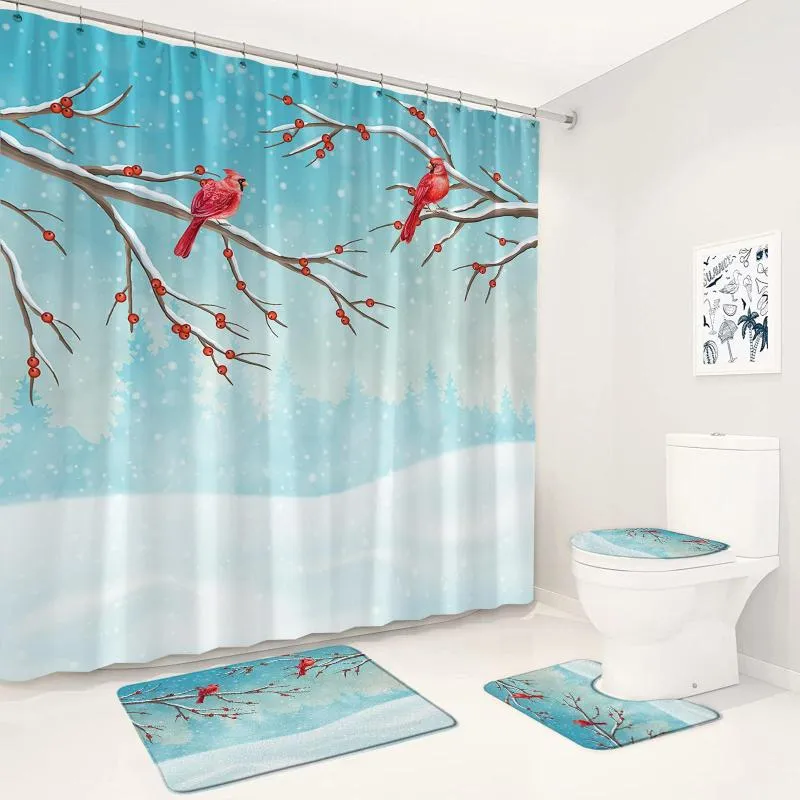 Shower Curtains Winter Landscape Bathroom Sets Red Birds Berry Branch Forest Scenery Decor Bath Mats Rug Non-Slip Toilet Lid Mat