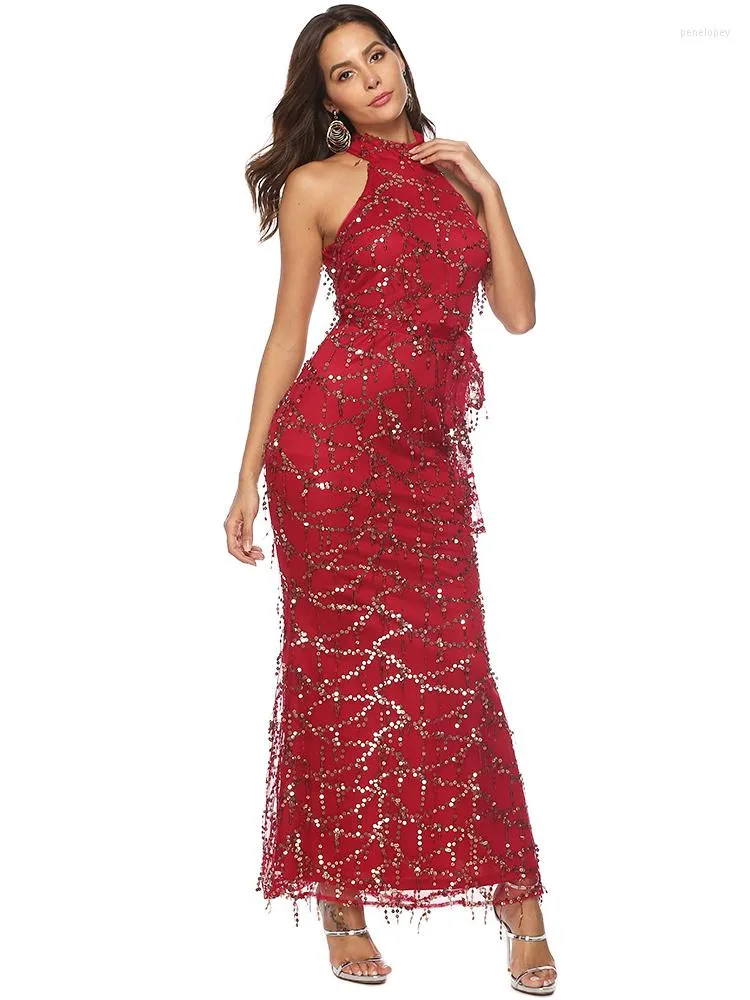 Casual Dresses IDress Sexy Red Maxi Sequin Summer Dress Women Halter Neck Long Bridesmaid Wedding Prom Evening Bodycon Party