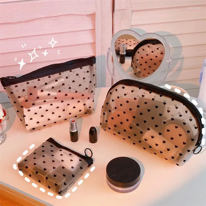 Storage Bags Net Yarn Cosmetic Bag Portable Washable Pencil Pen Case Nylon Travel Zipper Pouch Black Heart Patterns Home Wash