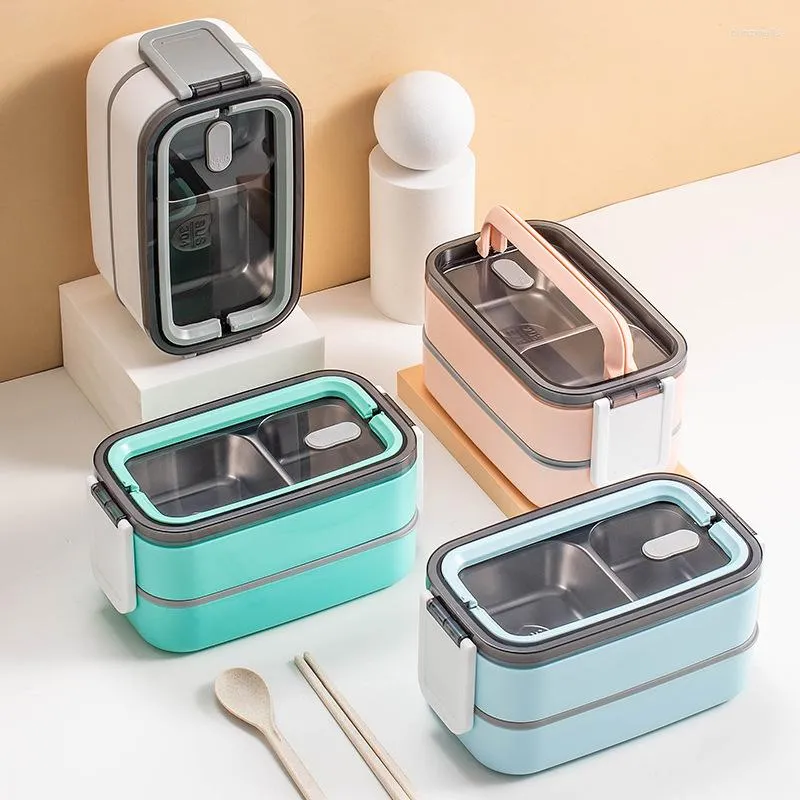 Din sets sets 1400 ml roestvrijstalen lunchbox 2-laags magnetron warmtevoelbaar bento lekkendichte vers hanteknop keukenopslagcontainer