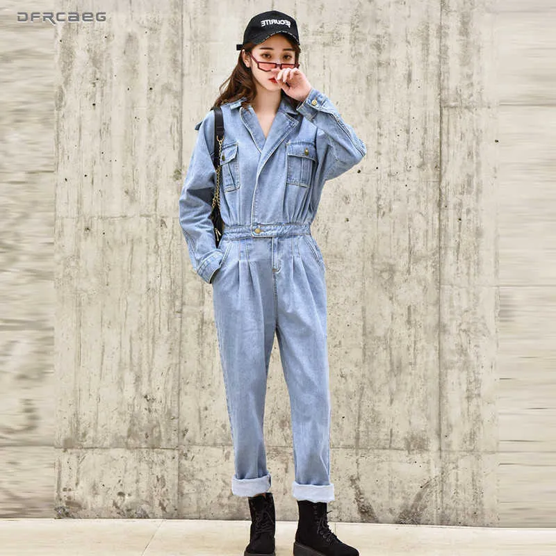 Kobiety Jumpsuits Rompers Niebieski elegancki bf streetwearne dżinsowe kombinezony 2019 Autumn Long Tleeve High talia retro dżinsy kombinezonowe rompers żeńskie p230419