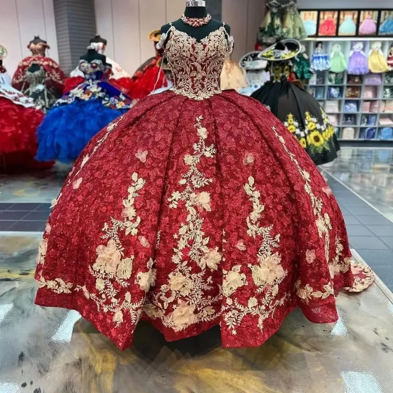 Luxury Red Quinceanera Dress 2024 Ball Gown Gold Applique Lace Sweet 16 Dresses Corset Princess Vestidos de 15 Quinceanera