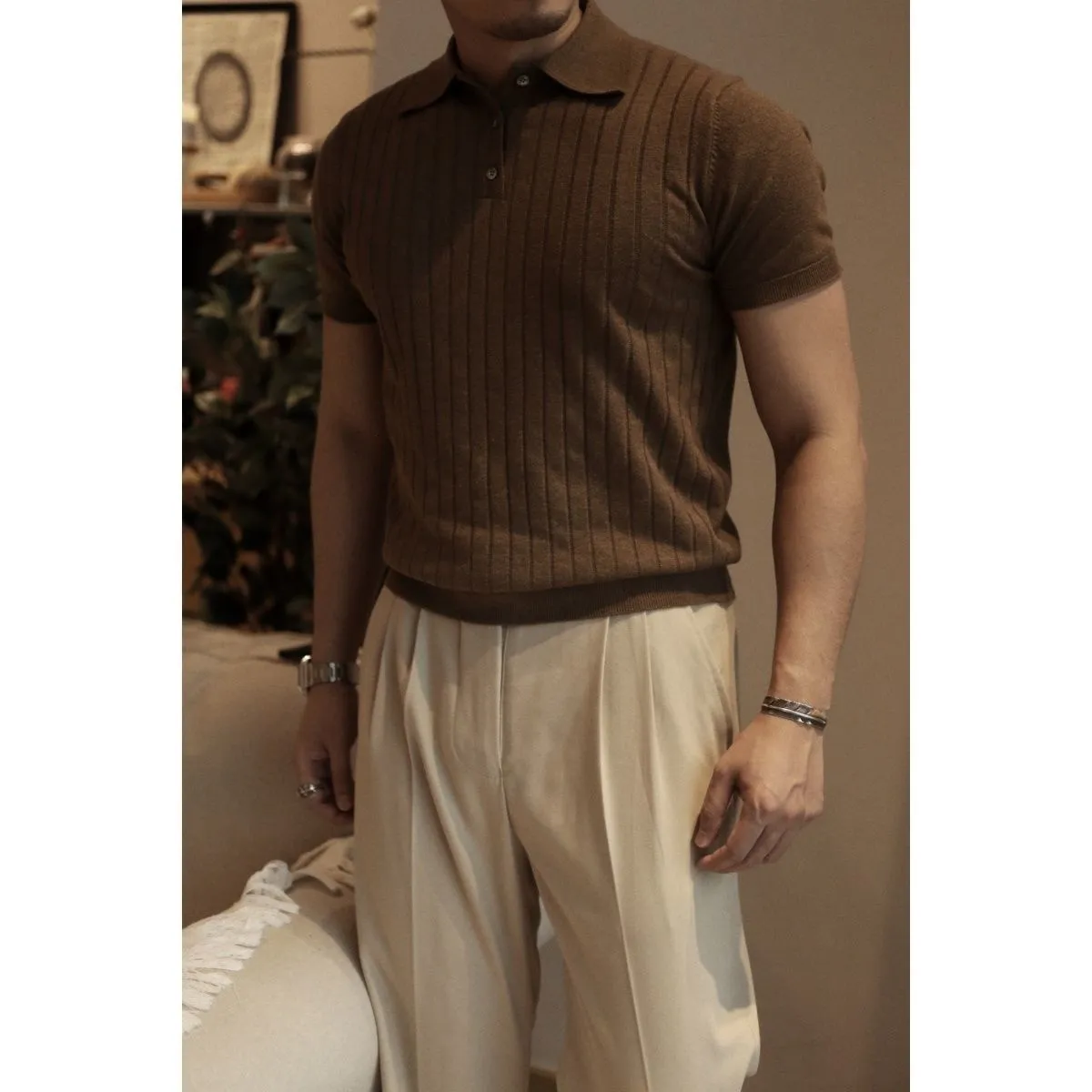Tシャツ・カットソー Ami Khaki Polo Shirt With Button Placket Slim Fit Polo Shirt - Light beige - Men | H&M US