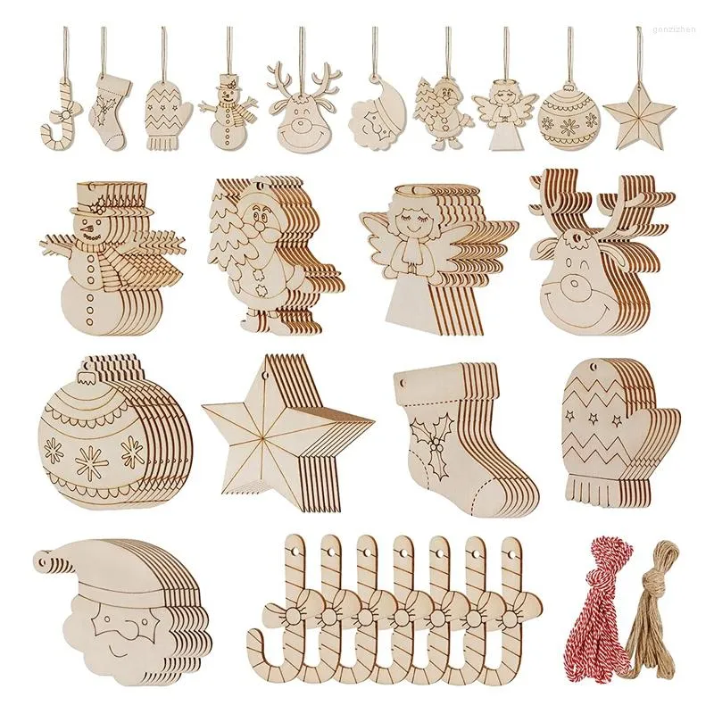 Decorative Figurines 80Pcs Unfinished Wooden Christmas Ornaments DIY Wood Slices Craft Supplies Shape Pendant For Kids 10 Styles