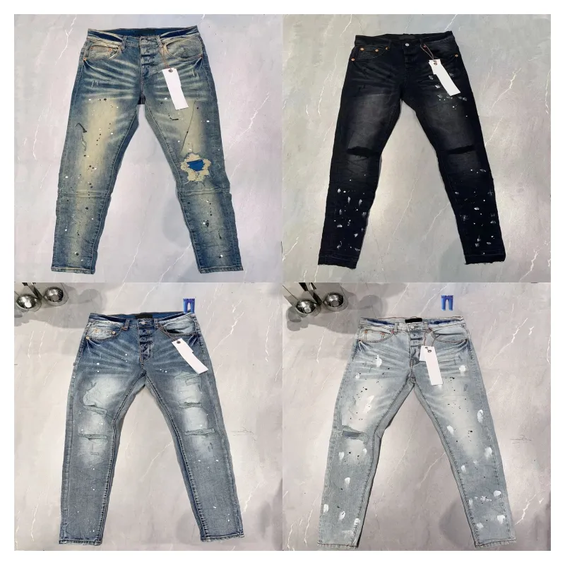 Designer violet mens jeans hommes genoue maigre taille 28-40 moto tendance long hale high street denim en gros 2 pièces
