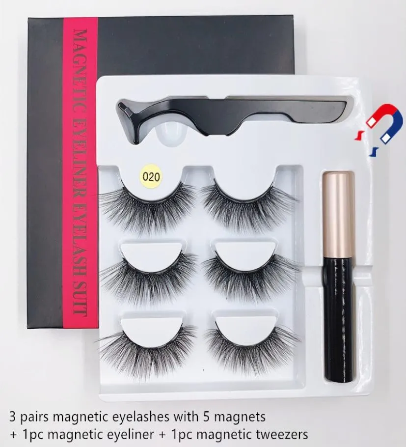 3Pairset Magnetiska ögonfransar False Lashes Liquid Eyeliner Tweezer Eye Makeup Set 3D Magnet False Eyelashs Inget lim NEE1622485