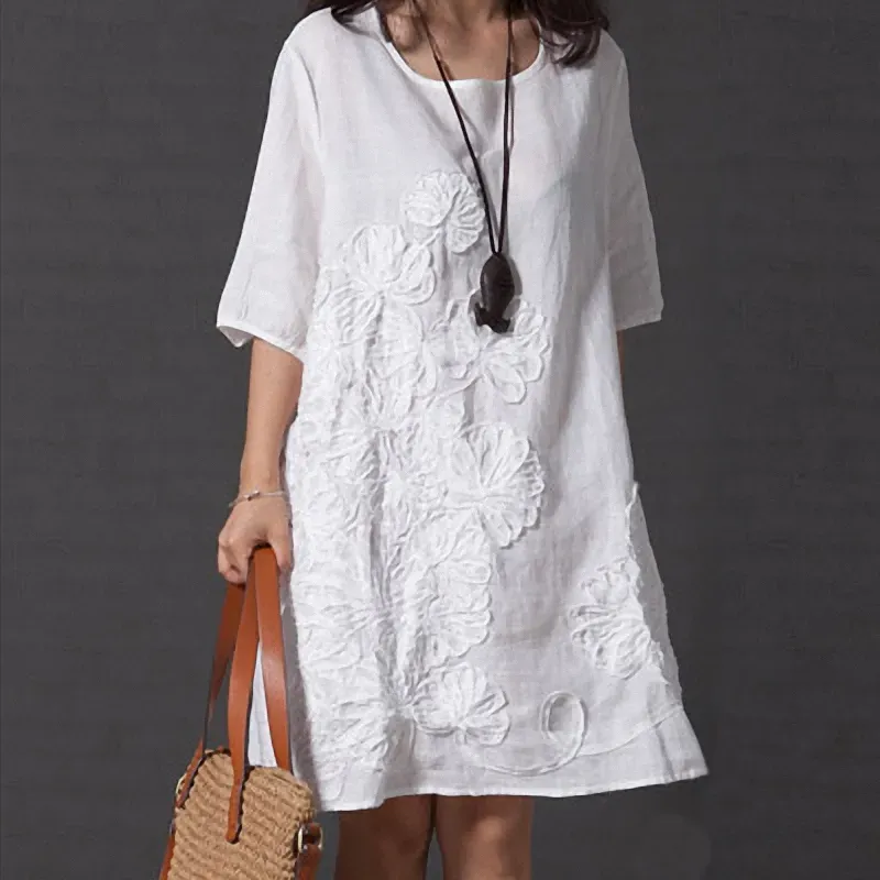 3xl Plus Size Dress Women Cotton Linen Casual Loose Shirt Dress Vintage Embroidery Female Half Sleeve Robe Vestidos Summer 2019