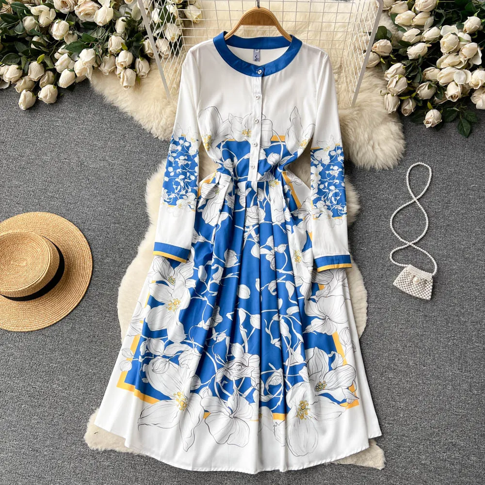 Vintage kwiatowa sukienka wiosna i lato nowy francuski w stylu francuskiego z długim rękawem luksusowy i elegancki spódnica na środkowej długości