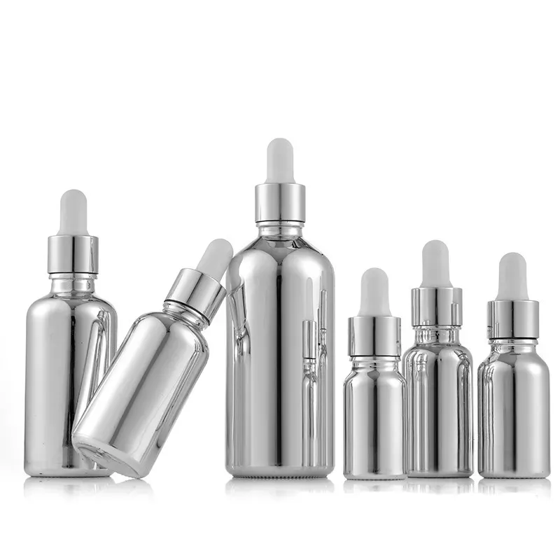 Bouteilles de parfum d'huile d'essence en verre enduit d'argent, flacon compte-gouttes de Pipette de réactif liquide 10ml 15ml 20ml 30ml 50ml