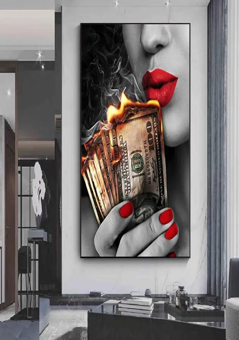 Sexiga röda läppar flicka eld dollar pengar affischer och tryck duk målningar väggkonst bilder för vardagsrum hem dekor cuadros nr 2386247