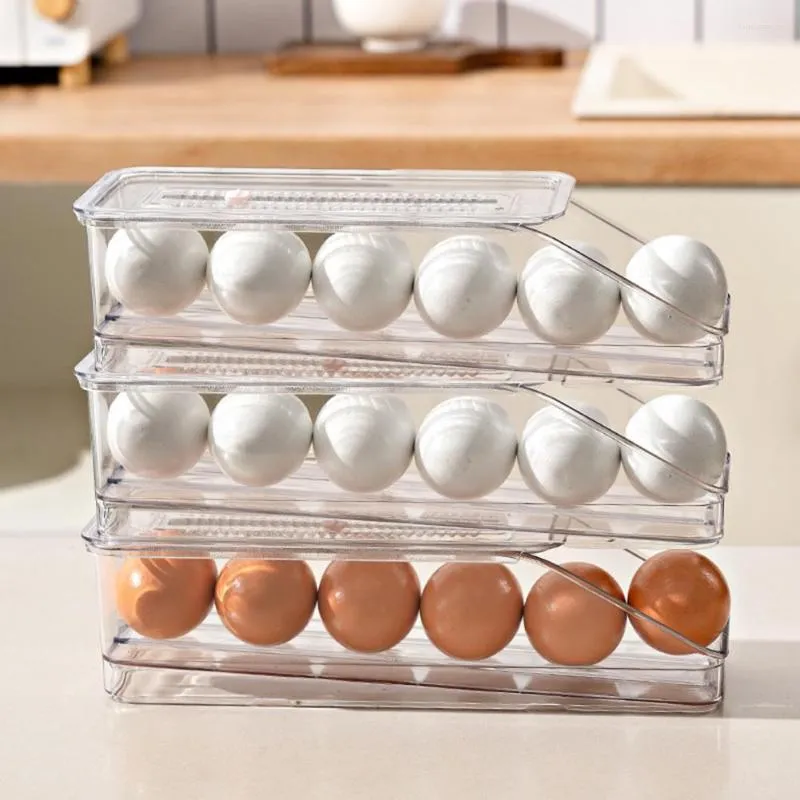 Garrafas de armazenamento caixa de ovo rolando rolando de várias camadas de empilhamento do tipo gaveta do tipo timer slots de bandeja Organizador diário de geladeira