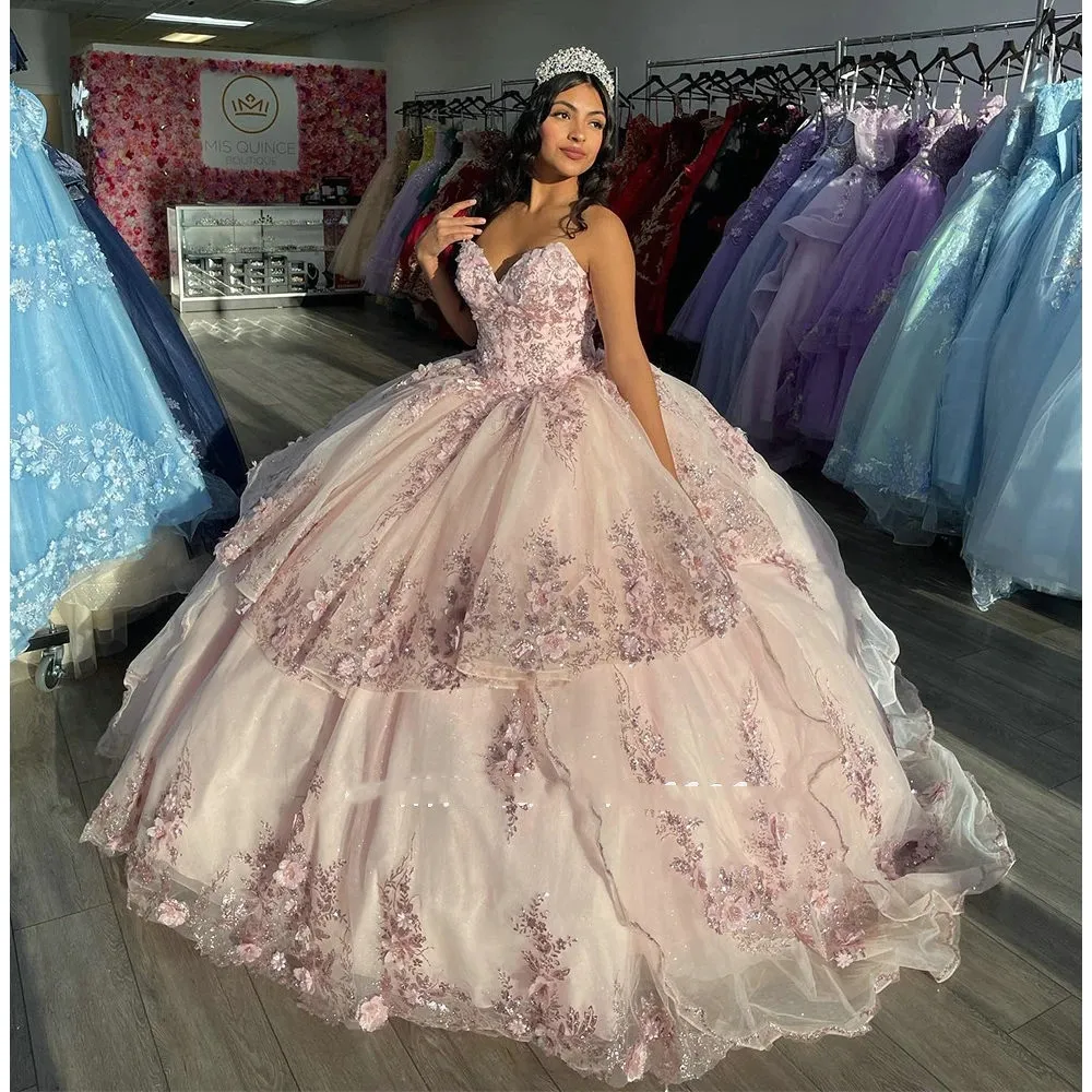 Pink Pearl Sequined Appliques Ruffles Quinceanera Dresses 2023 Sweetheart Sleeweless 3D Flowers Corset Ball Gown Vestidos de XV Anos