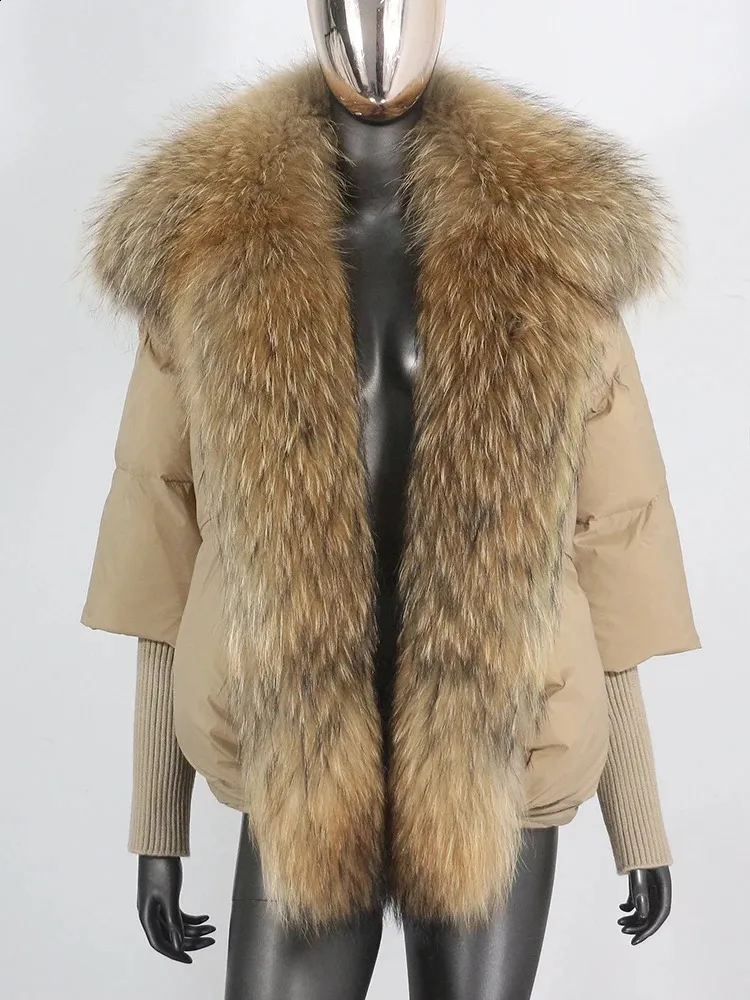 Veste d'hiver en fausse fourrure naturelle pour femme, col de raton laveur, épais et chaud, manteau en duvet de canard, manches tricotées, vêtements d'extérieur, Streetwear 231118