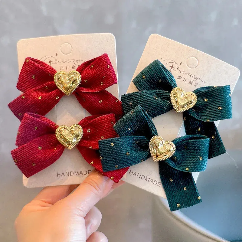 Headwear Hair Accessories 12 Par/Lot Gold Foil Corduroy Bow Hair Clips For Christmas Holiday Baby Handtied Bow Hair Ties Girls Hair Accessories 231118