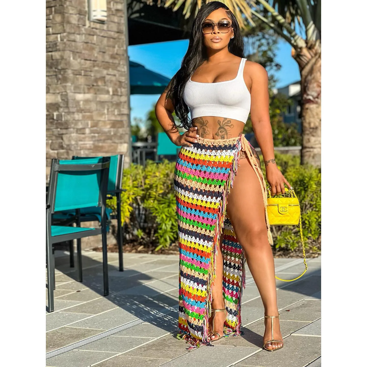 Rok Gehaakte Strand Cover Up Sexy Hoge Zijsplit Kwastje Zoom Regenboog Gestreepte Lange Maxi Rok 2023 Zomer Vecation Jurk 230418