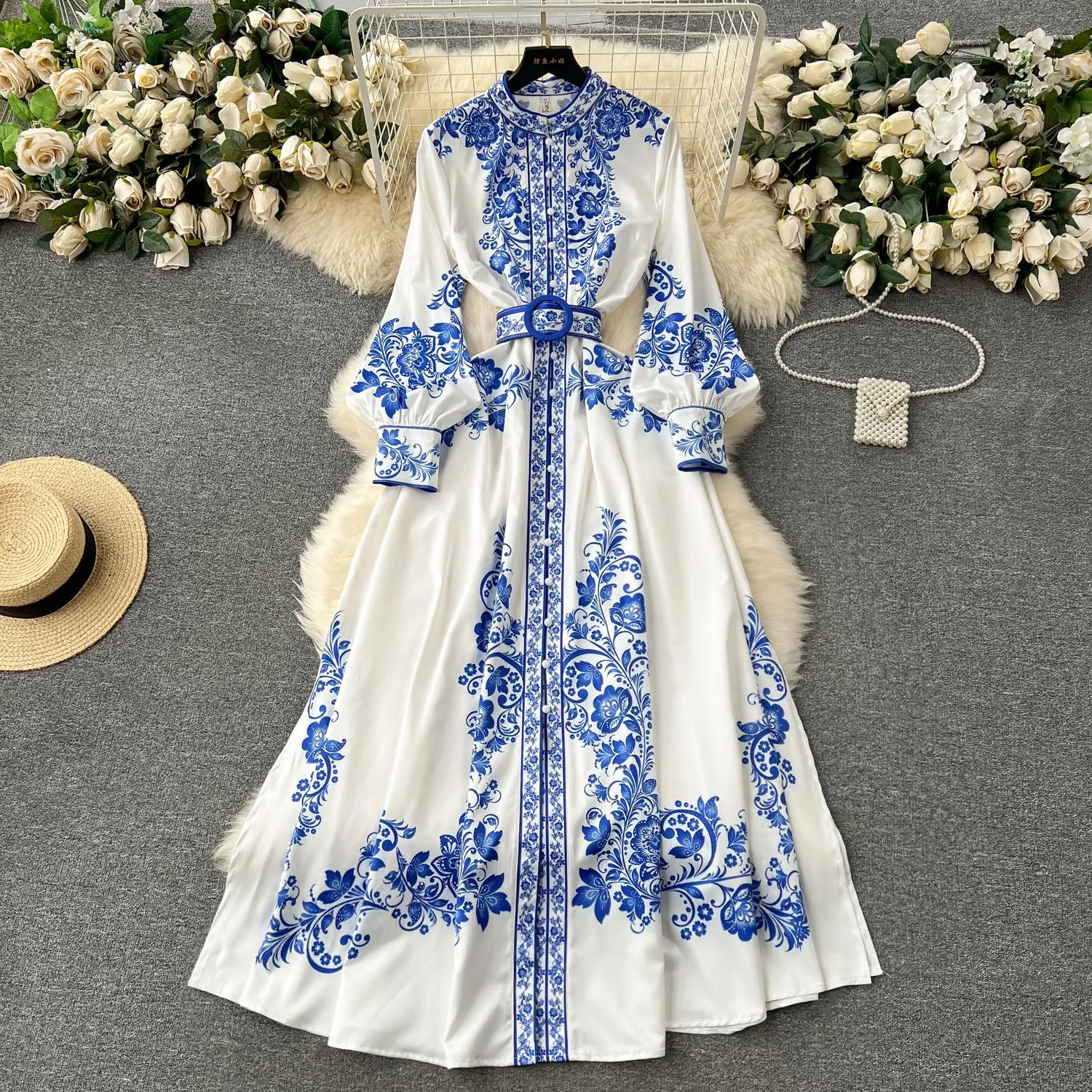 Casual Dresses New Fashion Runway Red And White Porcelain Dress Women's Stand Long Lantern Sleeve Blue Floral Print Shirt Robe Vestidos 2024