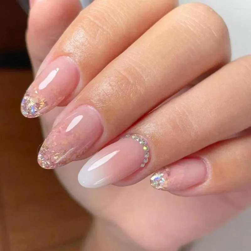 Falska naglar 24st nagel tips Diy Simple Crystal Fake Nials French Long Almond Gradient Glitter