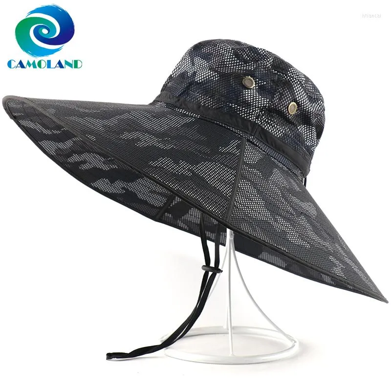 Boinas Camolândia Chapéus de sol do verão para homens Camuflagem Chapéu de caçamba Casual Pesca ao ar livre Longo largura Bonie Beach Caps