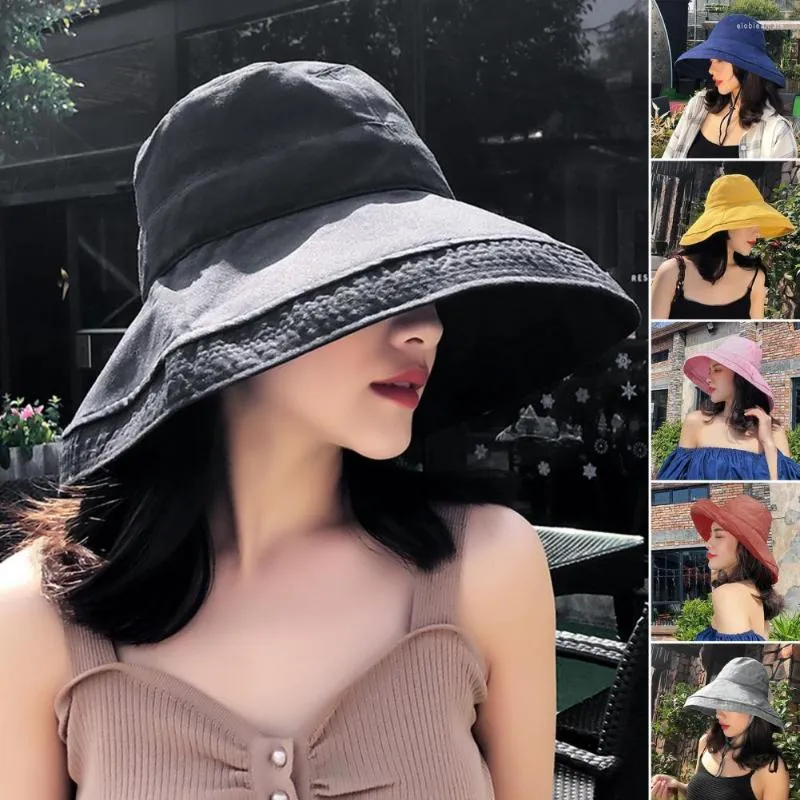 Шляпа шляпы с широкими кражами Женщины летняя шляпа твердый цвет Большой скрученный край