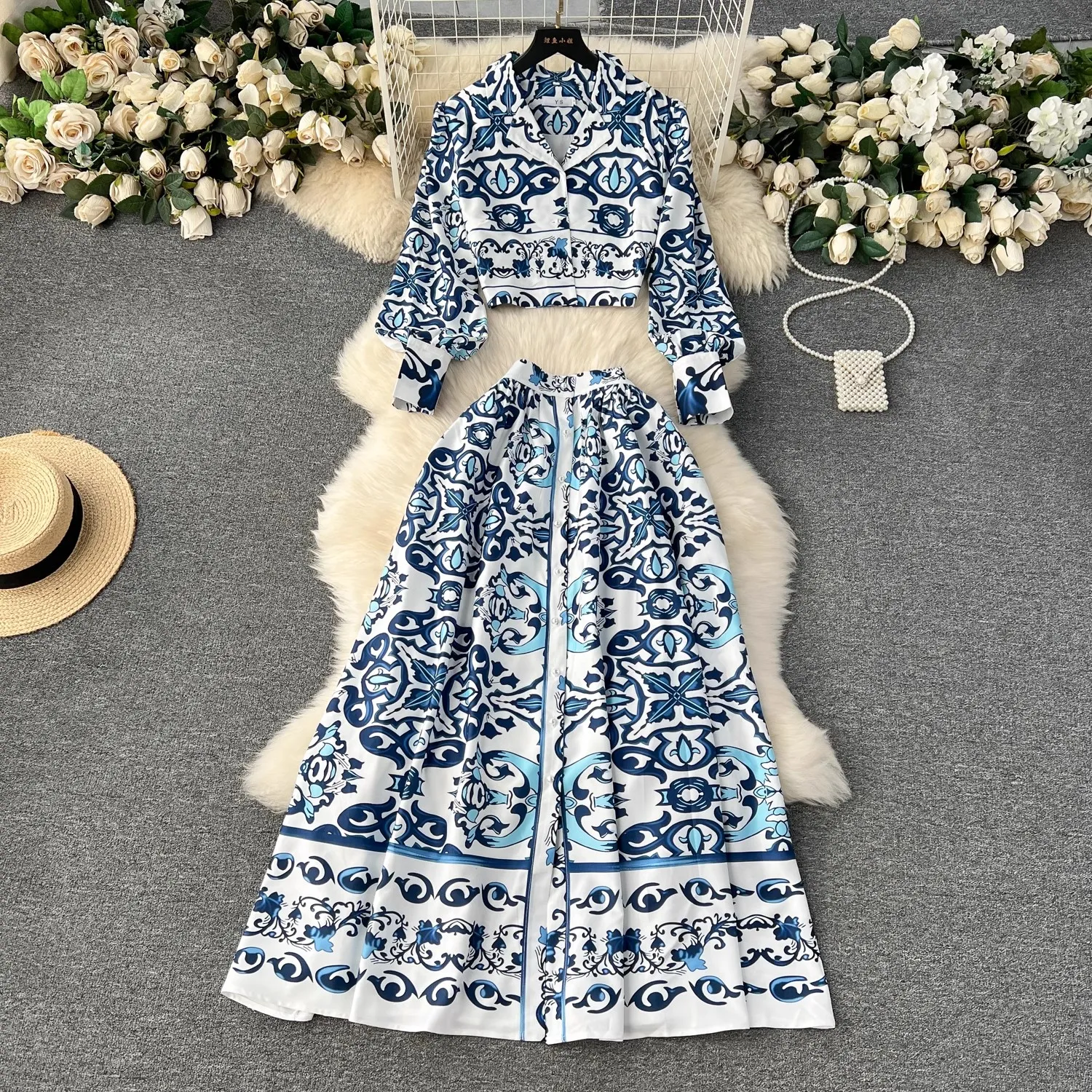 Duas peças vestido pista azul e branco porcelana outfits feminino manga longa pérola botões camisa curta tops longo maxi saia férias 2 peças conjunto 2024