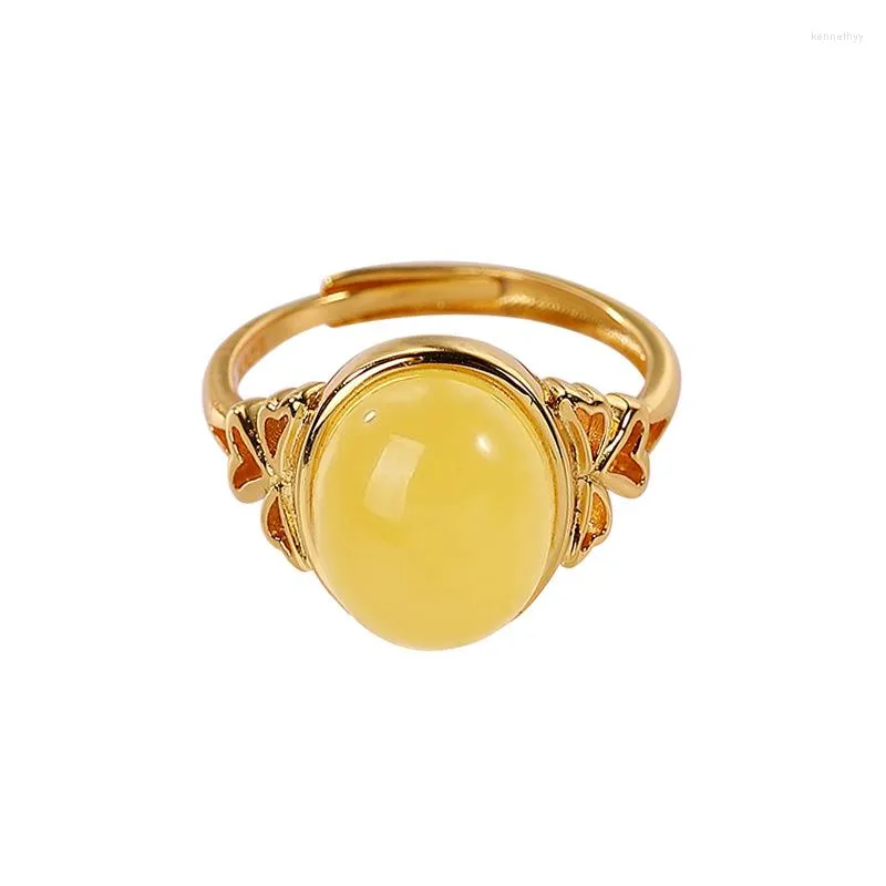 Cluster Rings Baifuming S925 Sterling Silver Gold-plated Natural Amber Ring Fashion All-match Love Egg Noodles Ladies