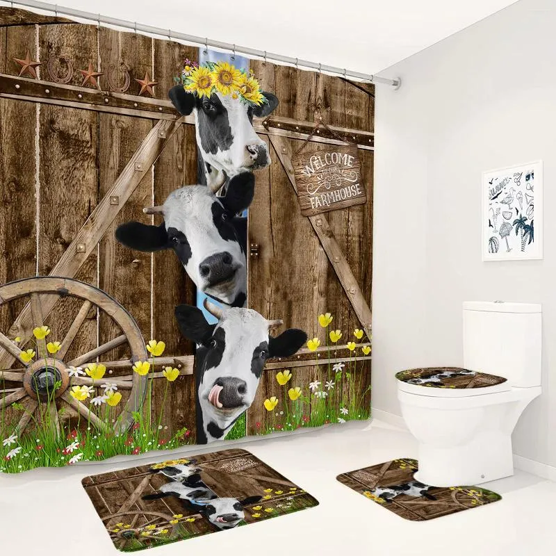 シャワーカーテン面白い牛バスマットセットヴィンテージ木製ドア家畜秋ひまわり浴室装飾ノンスリップトイレ蓋敷物