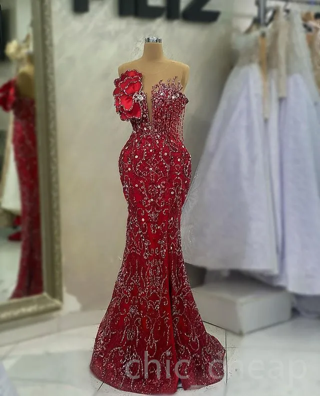 2023 April Aso Ebi Mermaid Red Prom Dress Beaded Crystals Sexy Evening Formal Party Second Reception Birthday Engagement Gowns Dresses Robe De Soiree ZJ5816