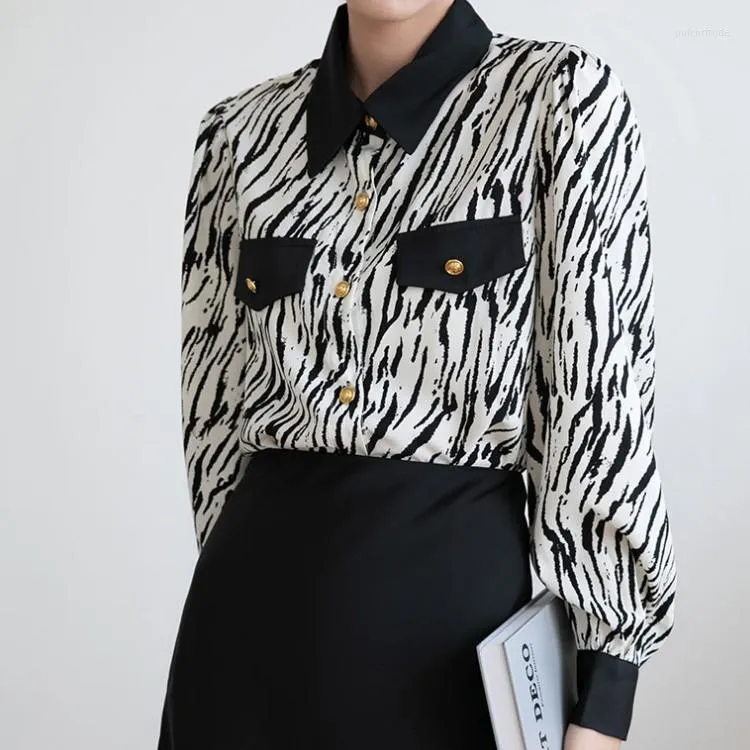 Women's Blouses Vintage Fashion Spring Stripe Print Chiffon Long Sleeve Shirt Top Women Lapel Golden Single Breasted Ladies Office OL