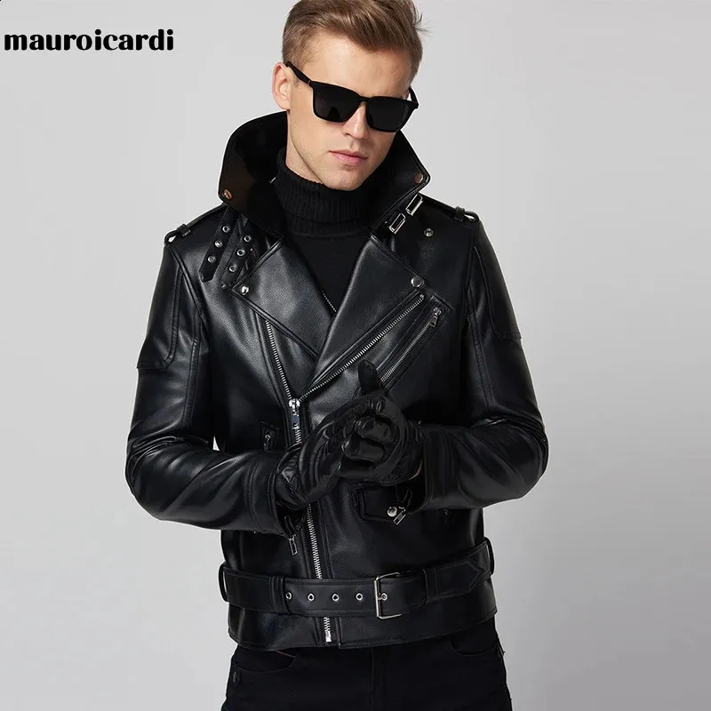 Herrjackor Mauroicardi Spring Cool Black Leather Biker Jacket Mens Zipper Long Sleeve Belt Autumn Soft Faux Leather Jackets For Men Brand 231118