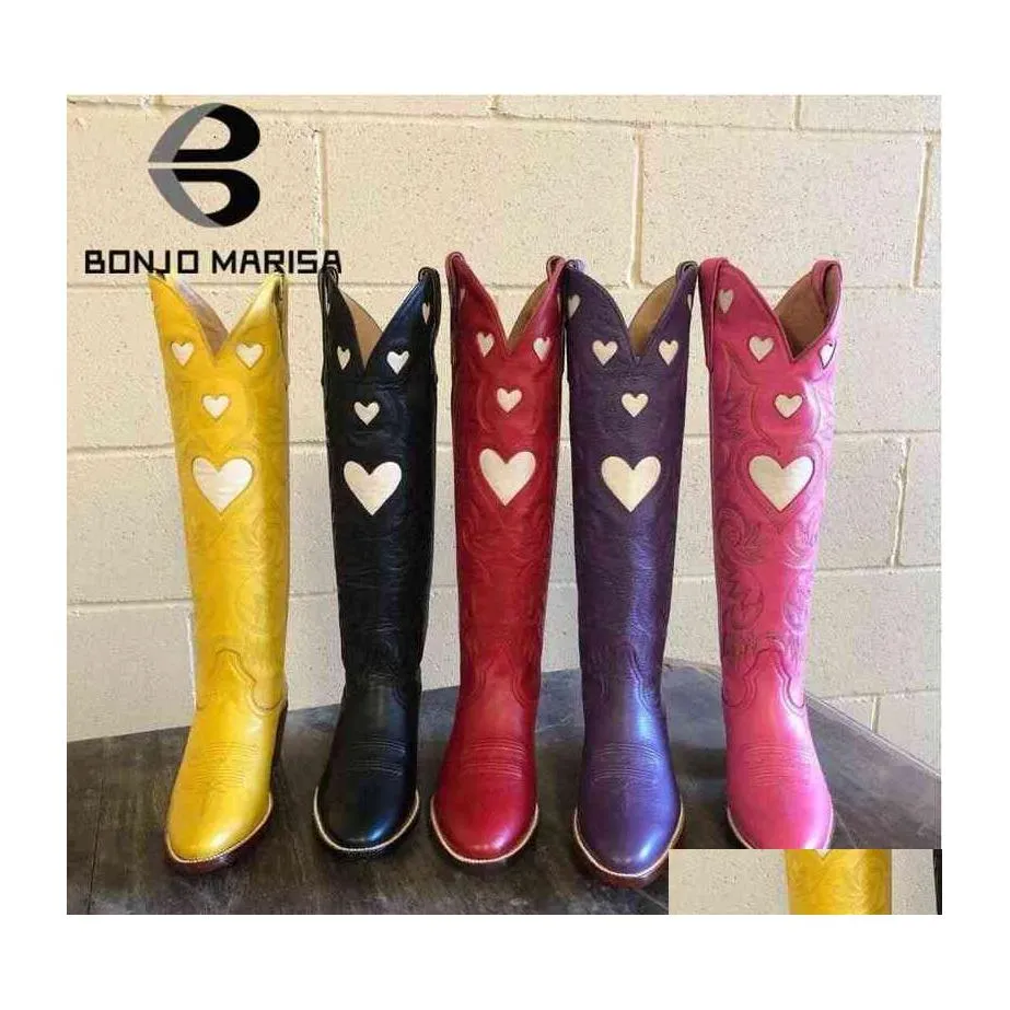 Bottes Marque De Mode Colorf Amour Coeur Débarrassant Western Pour Femmes Cowgirl Cowboy Talon Chunky Mi-mollet Drop Delivery Chaussures Accessoires Ot5Op